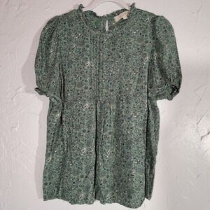Loft Top Ladies M Green Floral Short Sleeve Ruffle  Pleats Baby Doll Work
